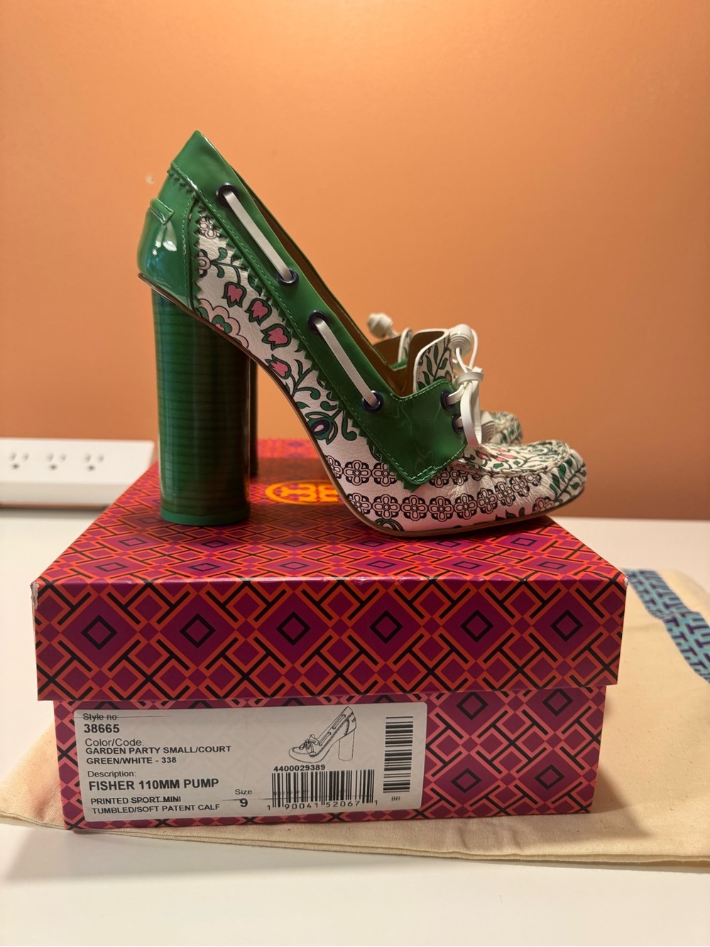 Tory Burch Fischer 110MM Pump - Garden Party Green/White - sz 9M